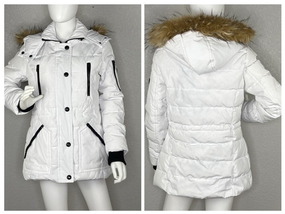 Guess Women's Puffer Coat Hooded Faux Fur Trim White Size M